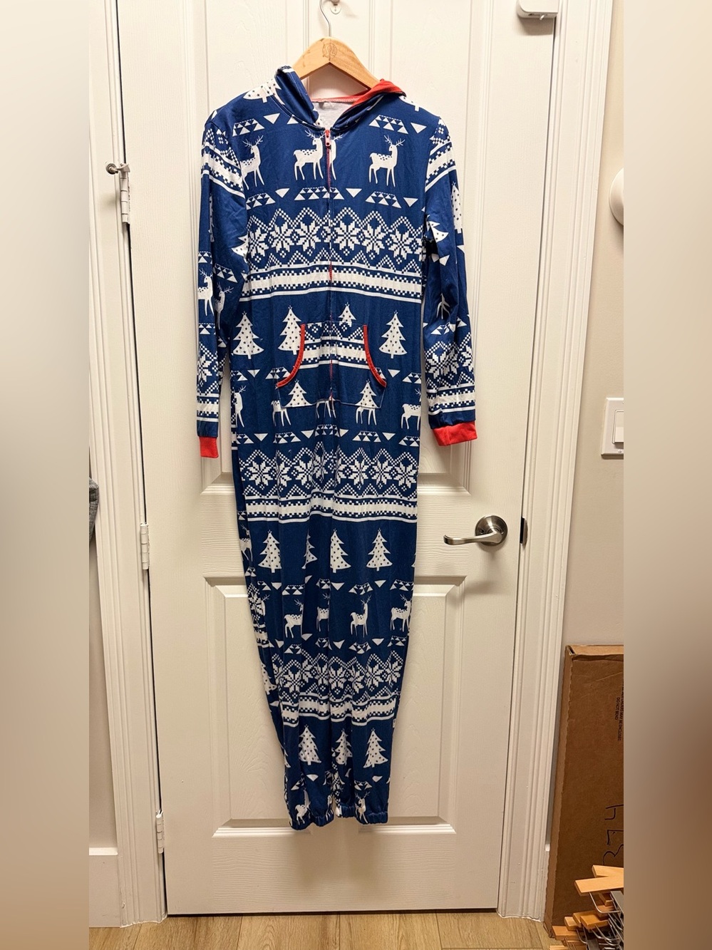 Adult Christmas Onesie Pajamas Nordic Reindeer Snowflake Hooded Jumpsuit L